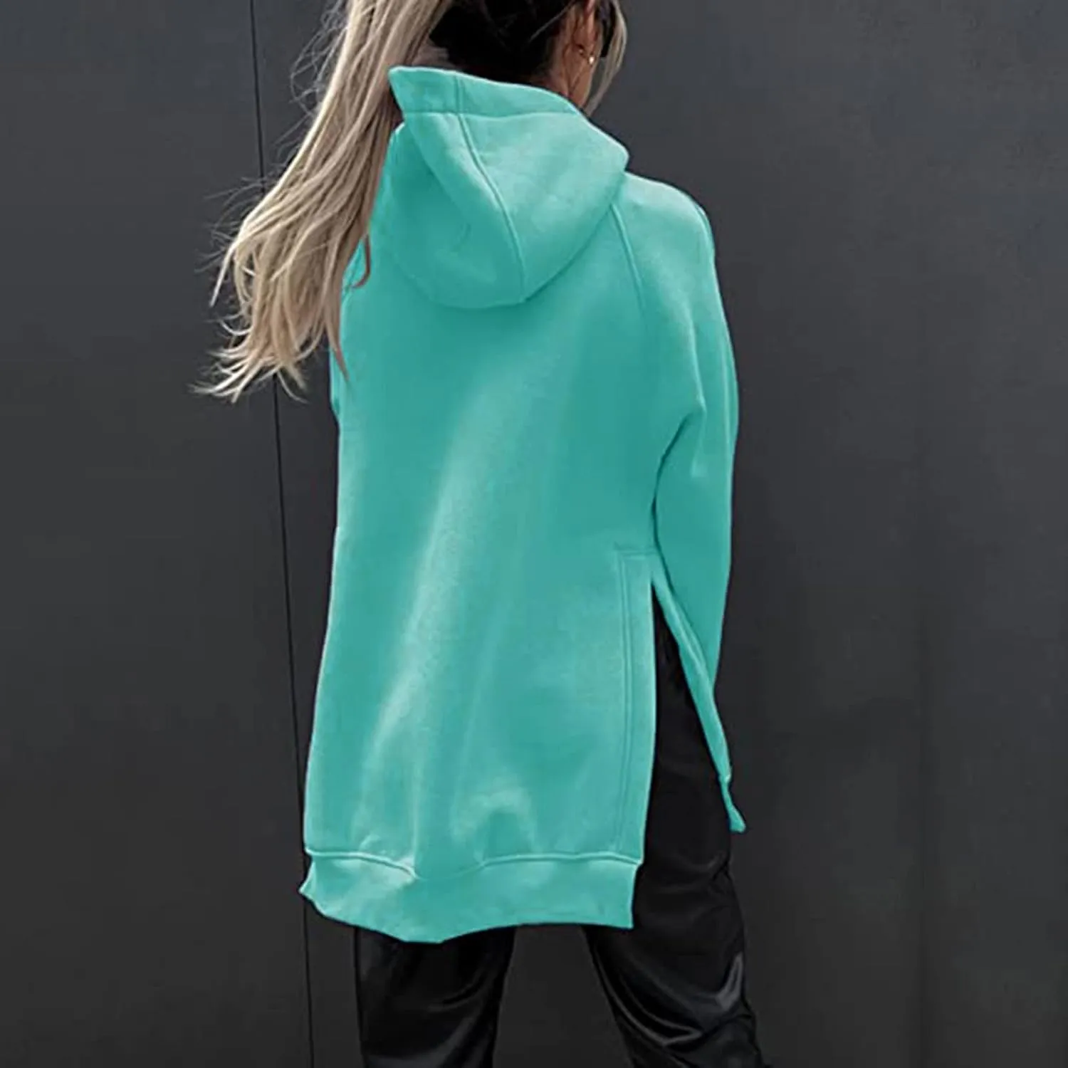 Women's Casual Long Hoodies Oversized Thick Fleece Solid Color Hooded Sweatshirt Pullover Side Split High Low Hem Tops