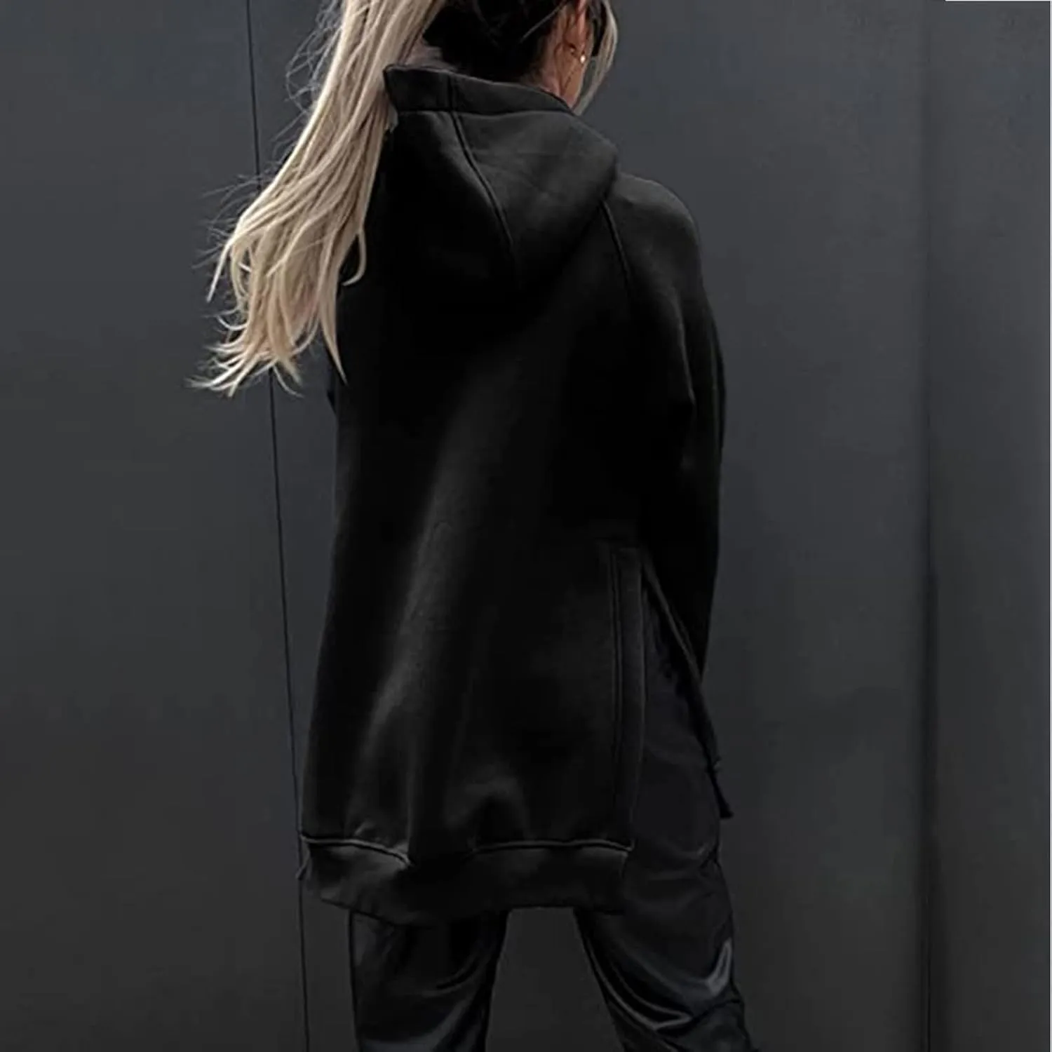Women's Casual Long Hoodies Oversized Thick Fleece Solid Color Hooded Sweatshirt Pullover Side Split High Low Hem Tops