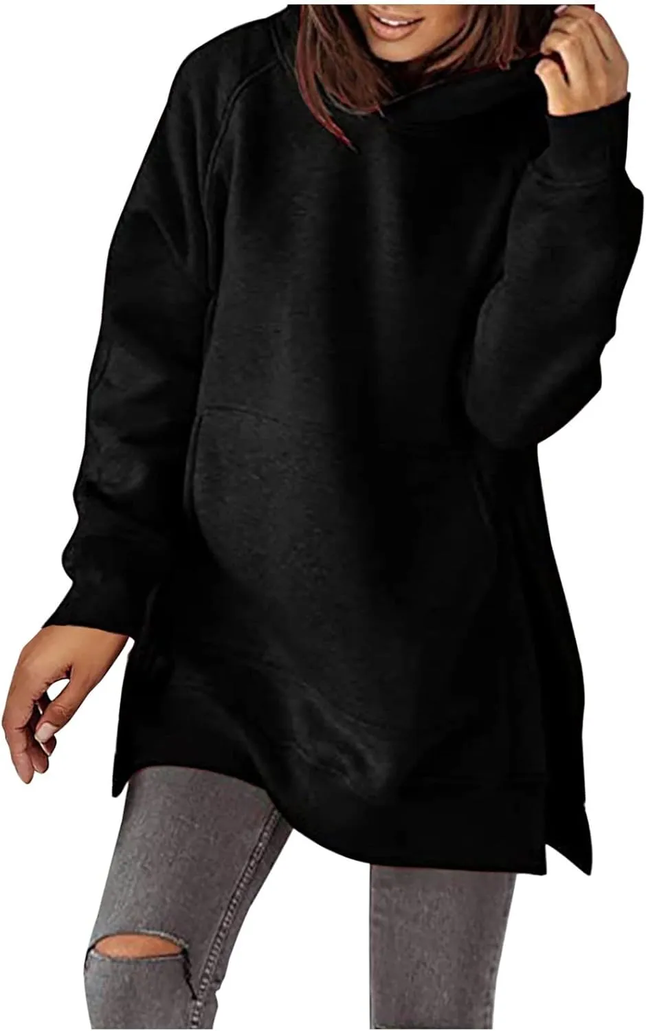 Women's Casual Long Hoodies Oversized Thick Fleece Solid Color Hooded Sweatshirt Pullover Side Split High Low Hem Tops