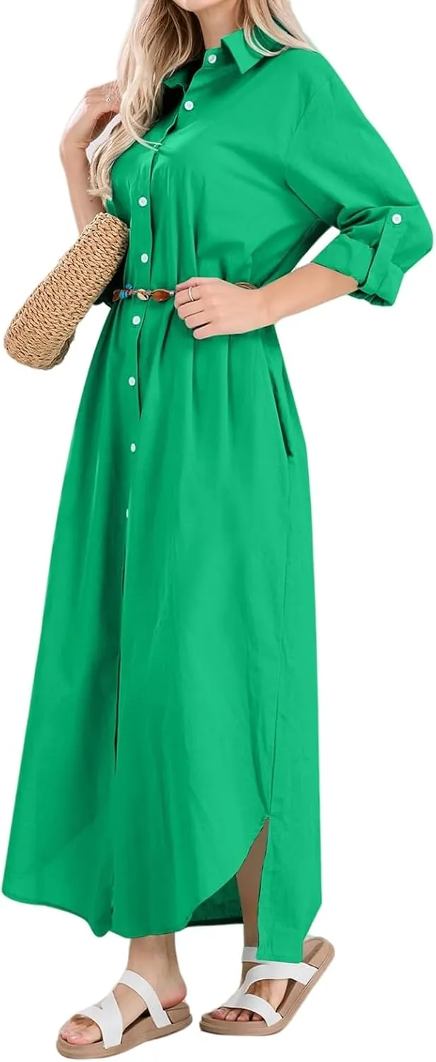 Womens Casual Short Sleeve Button Down Dress Linen Side Split Long Solid Color Dresses Swimsuit Cover Ups Beach Dress