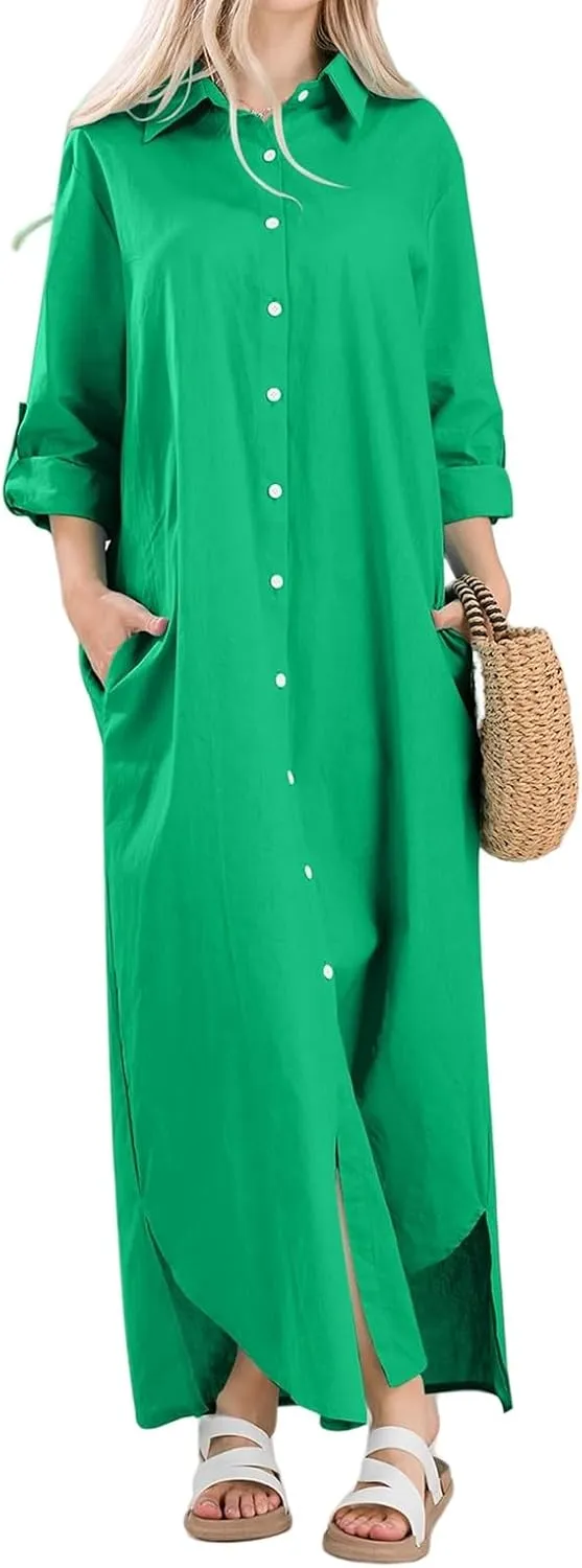 Womens Casual Short Sleeve Button Down Dress Linen Side Split Long Solid Color Dresses Swimsuit Cover Ups Beach Dress