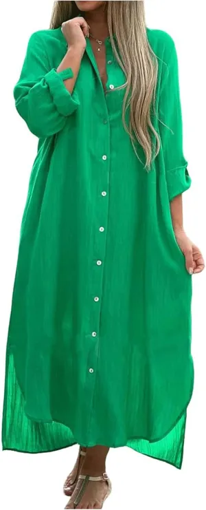 Womens Casual Short Sleeve Button Down Dress Linen Side Split Long Solid Color Dresses Swimsuit Cover Ups Beach Dress