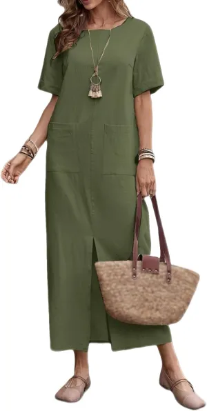 Womens Casual Summer Dresses Cotton Linen Long Dress Short Sleeve Front Slit Beach Vacation T Shirt Sundress Pockets