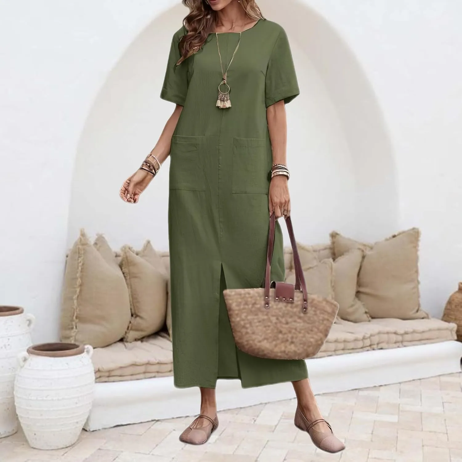 Womens Casual Summer Dresses Cotton Linen Long Dress Short Sleeve Front Slit Beach Vacation T Shirt Sundress Pockets