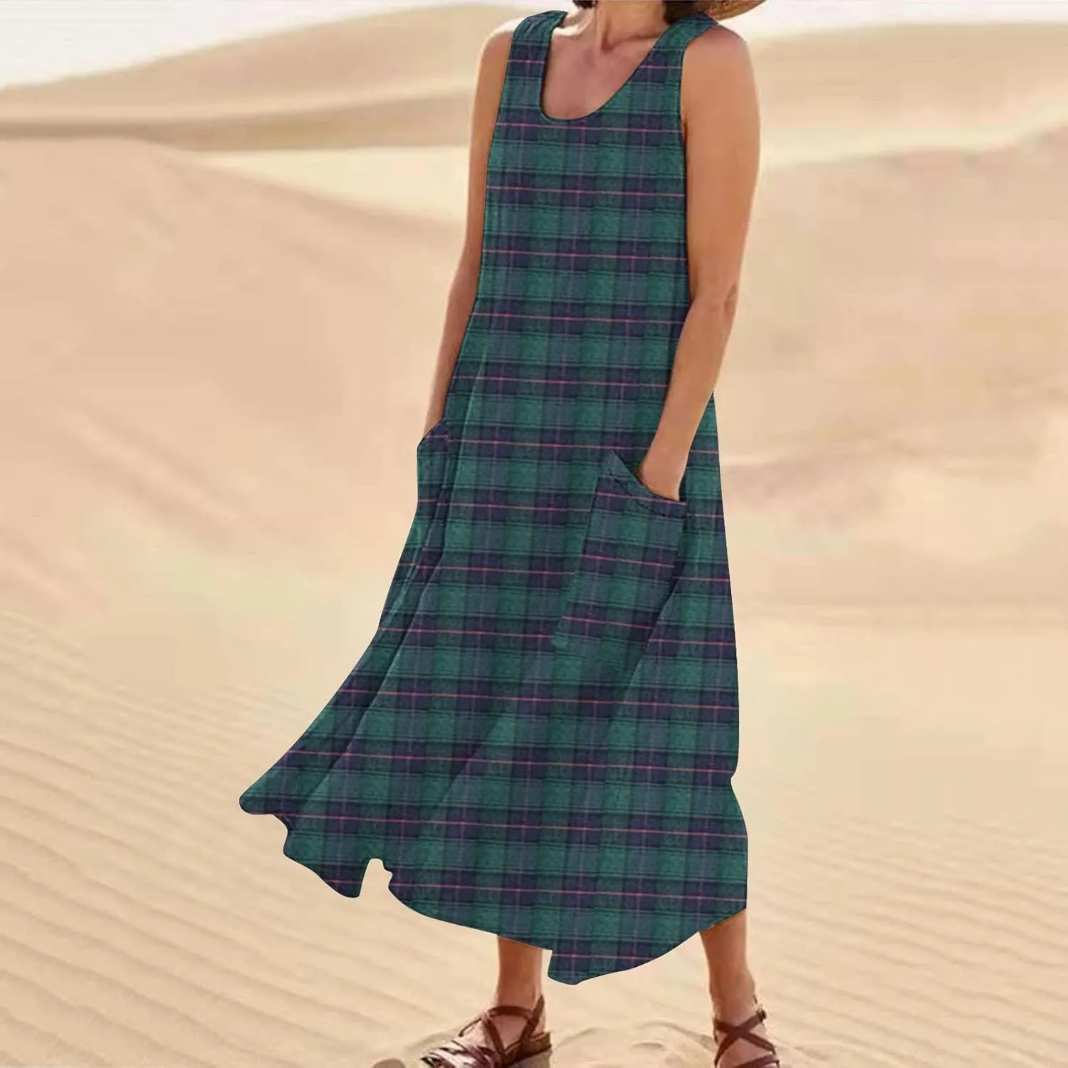 Women's Casual Summer Sundress 2025 Vacation Beach Dresses Sleeveless Loose Maxi Dresses with Pockets