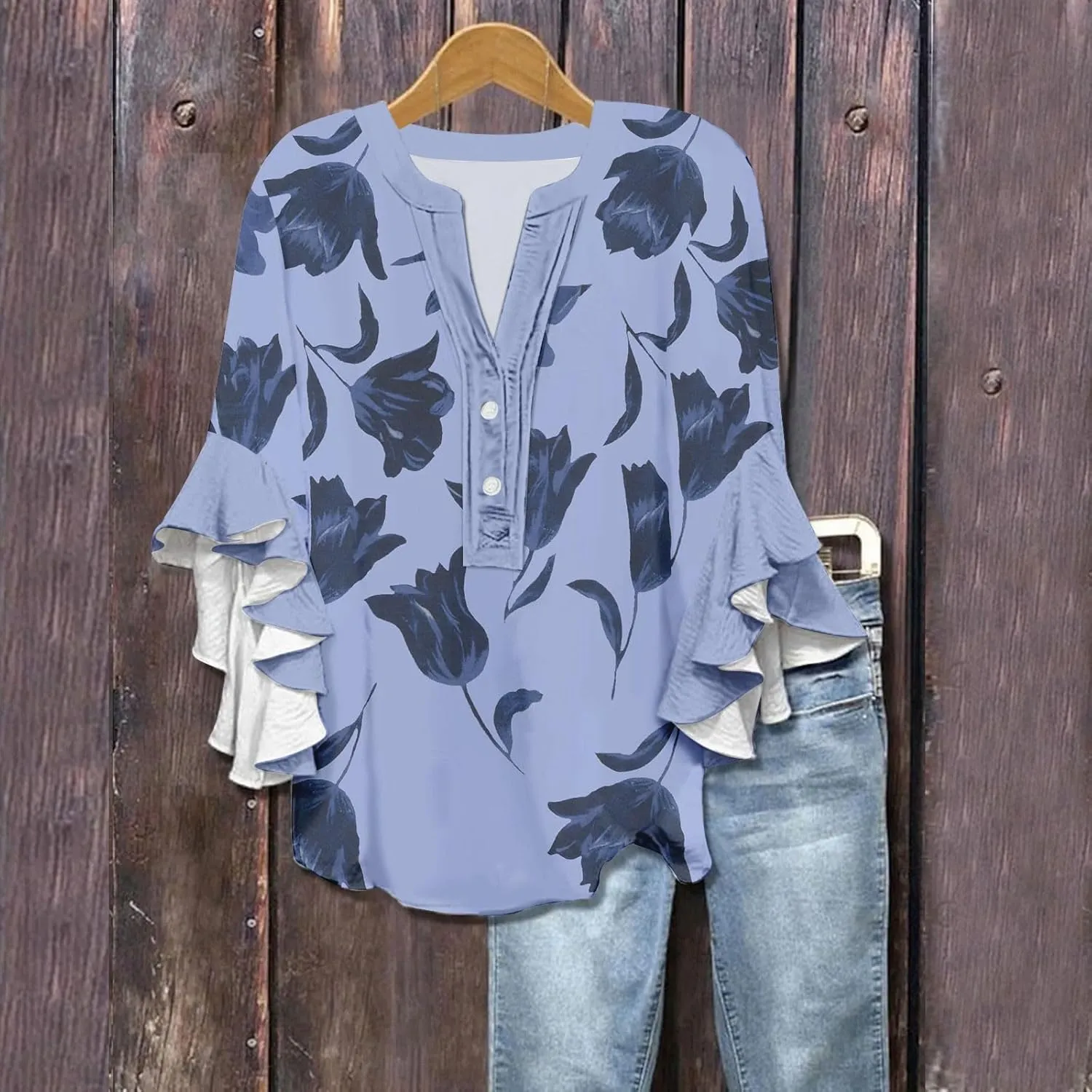 Women's Clothing 3/4 Ruffle Sleeves V Neck Tops Trendy Vintage Floral Boho Blouses Button Tunic Vacation Tee Shirts