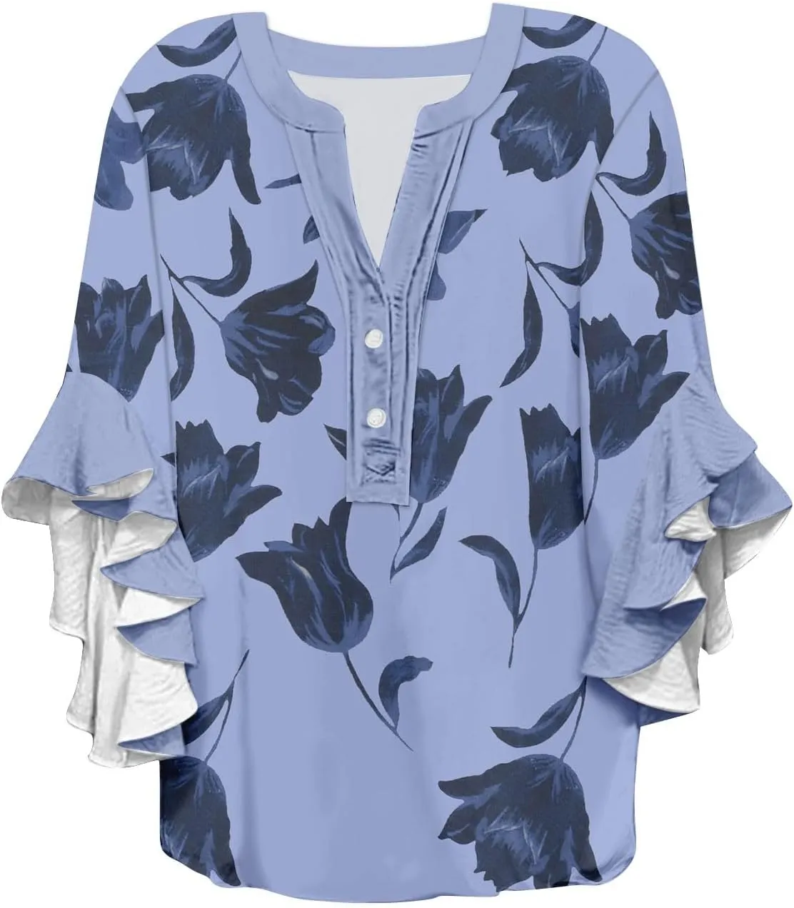 Women's Clothing 3/4 Ruffle Sleeves V Neck Tops Trendy Vintage Floral Boho Blouses Button Tunic Vacation Tee Shirts