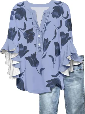 Women's Clothing 3/4 Ruffle Sleeves V Neck Tops Trendy Vintage Floral Boho Blouses Button Tunic Vacation Tee Shirts