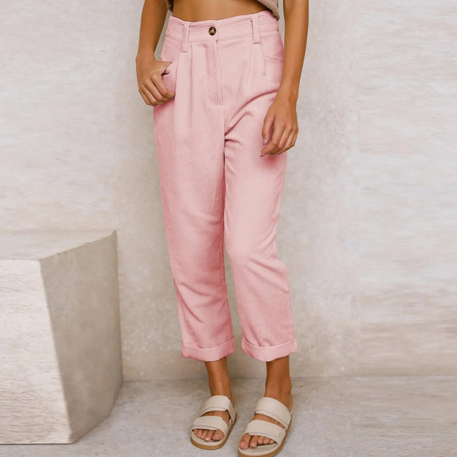 Womens Corduroy Pants Casual Button High Waisted Pants Stretchy Straight Leg Pants Wide Leg Lounge Pants with Pockets