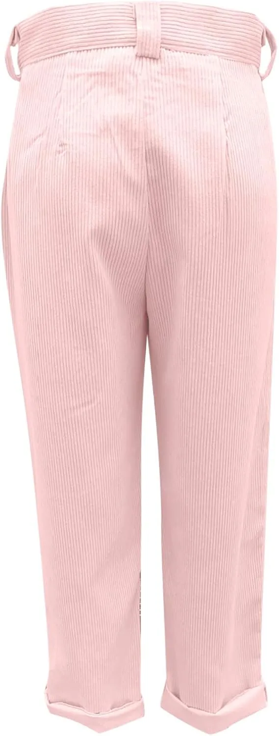 Womens Corduroy Pants Casual Button High Waisted Pants Stretchy Straight Leg Pants Wide Leg Lounge Pants with Pockets
