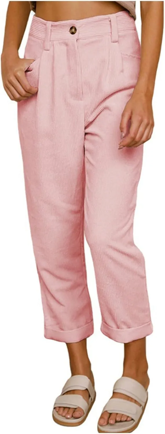 Womens Corduroy Pants Casual Button High Waisted Pants Stretchy Straight Leg Pants Wide Leg Lounge Pants with Pockets