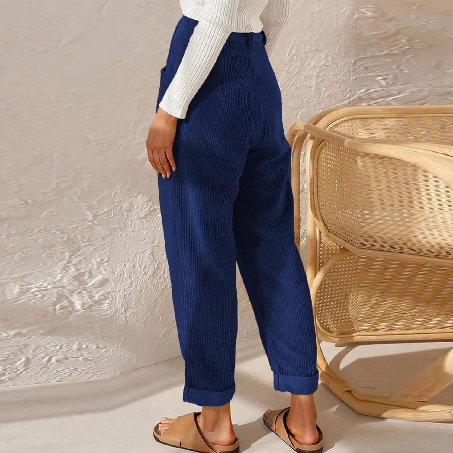 Womens Corduroy Pants Casual Button High Waisted Pants Stretchy Straight Leg Pants Wide Leg Lounge Pants with Pockets