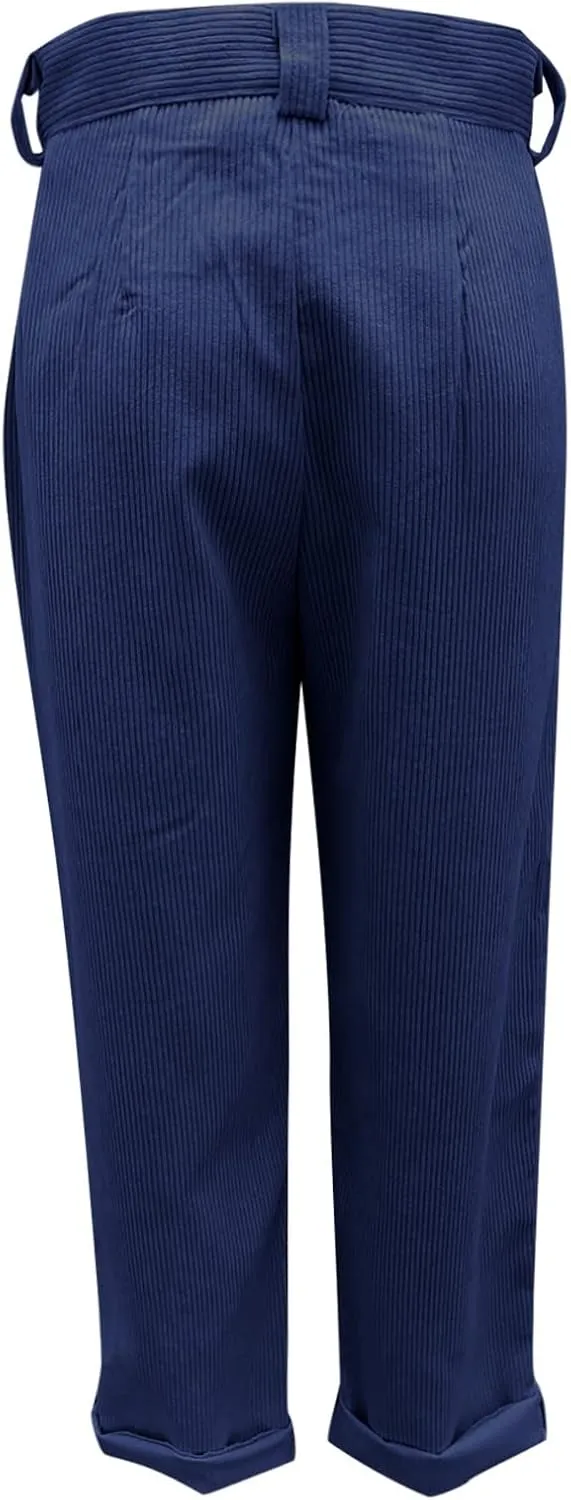 Womens Corduroy Pants Casual Button High Waisted Pants Stretchy Straight Leg Pants Wide Leg Lounge Pants with Pockets