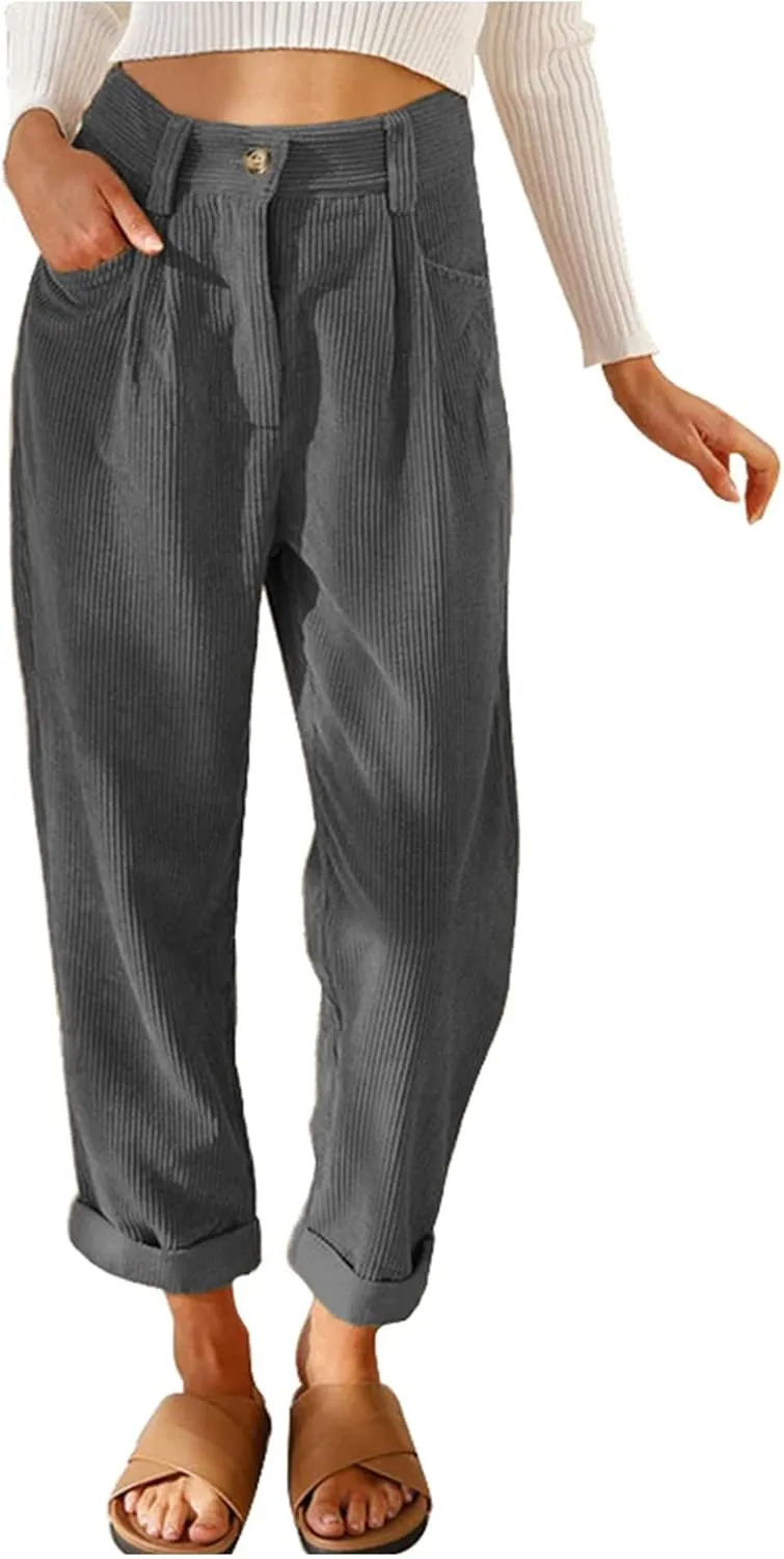 Womens Corduroy Pants Casual Button High Waisted Pants Stretchy Straight Leg Pants Wide Leg Lounge Pants with Pockets
