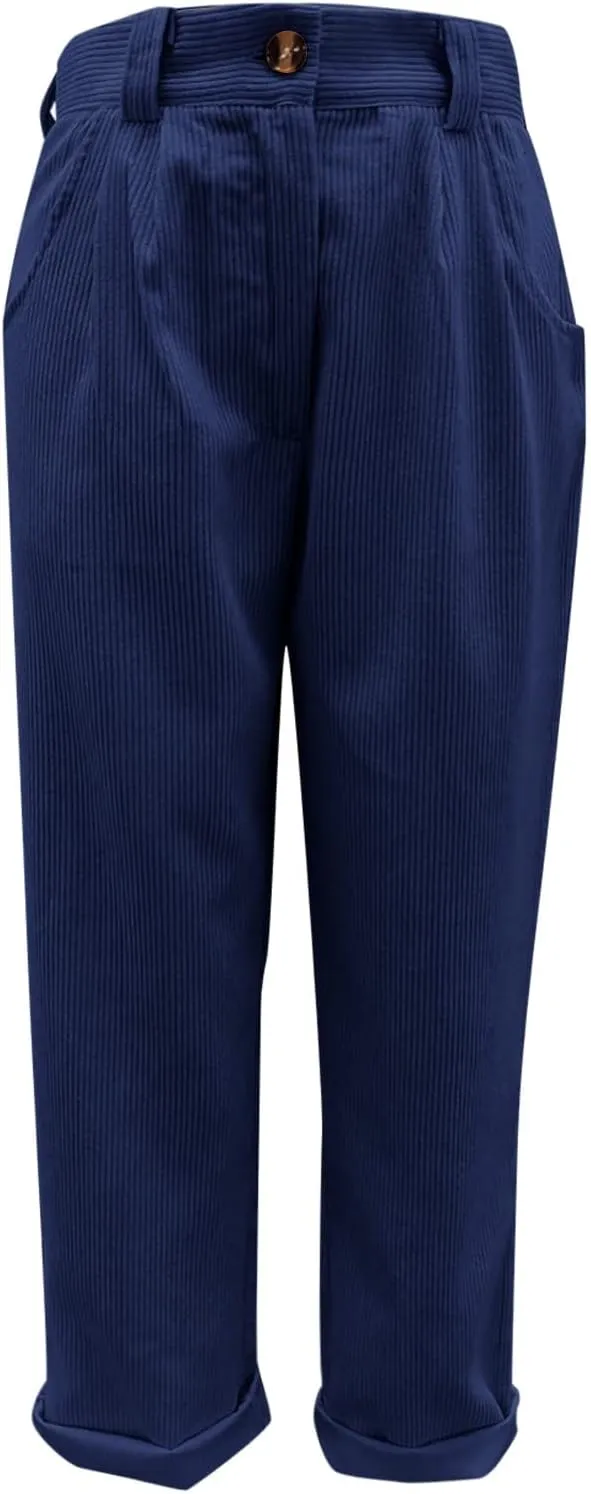 Womens Corduroy Pants Casual Button High Waisted Pants Stretchy Straight Leg Pants Wide Leg Lounge Pants with Pockets
