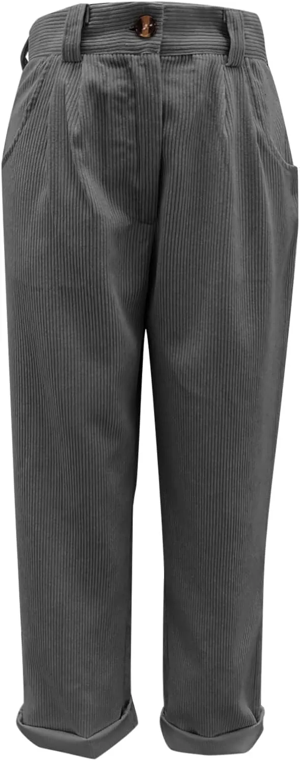 Womens Corduroy Pants Casual Button High Waisted Pants Stretchy Straight Leg Pants Wide Leg Lounge Pants with Pockets