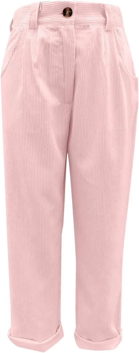 Womens Corduroy Pants Casual Button High Waisted Pants Stretchy Straight Leg Pants Wide Leg Lounge Pants with Pockets