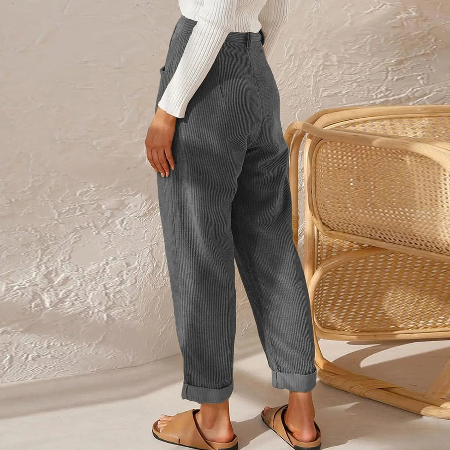 Womens Corduroy Pants Casual Button High Waisted Pants Stretchy Straight Leg Pants Wide Leg Lounge Pants with Pockets