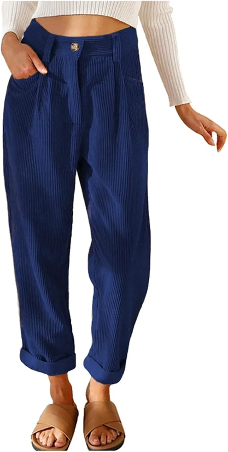 Womens Corduroy Pants Casual Button High Waisted Pants Stretchy Straight Leg Pants Wide Leg Lounge Pants with Pockets