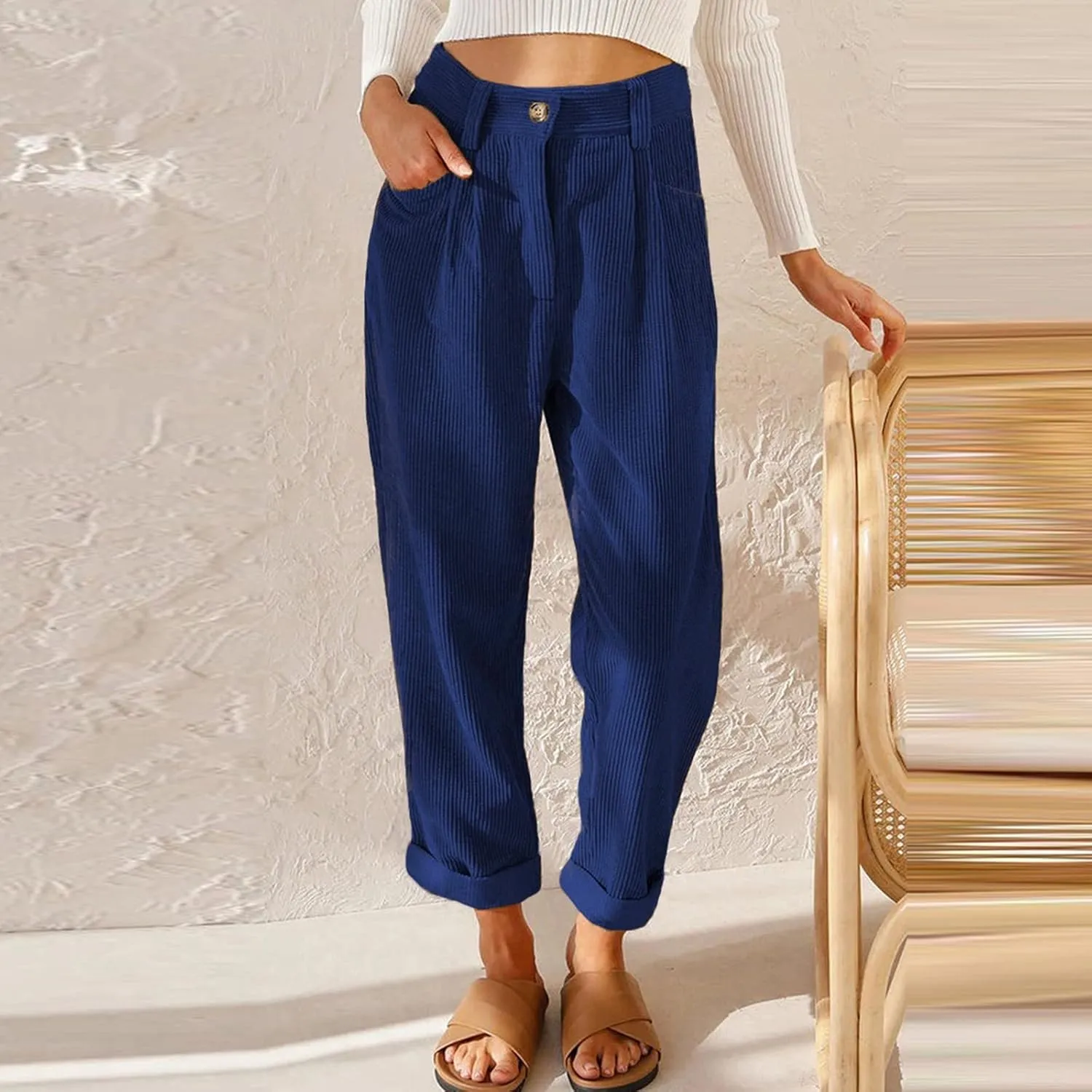 Womens Corduroy Pants Casual Button High Waisted Pants Stretchy Straight Leg Pants Wide Leg Lounge Pants with Pockets