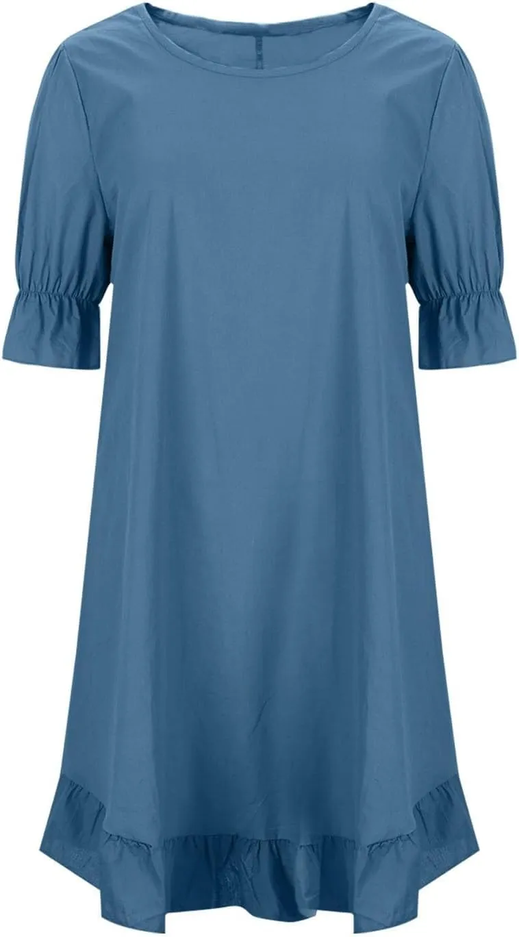 Women's Cotton and Linen Loose Big Swing Dress Casual Maxi Dresses Vacation Beach Ruffle Short Sleeve Hem Dress