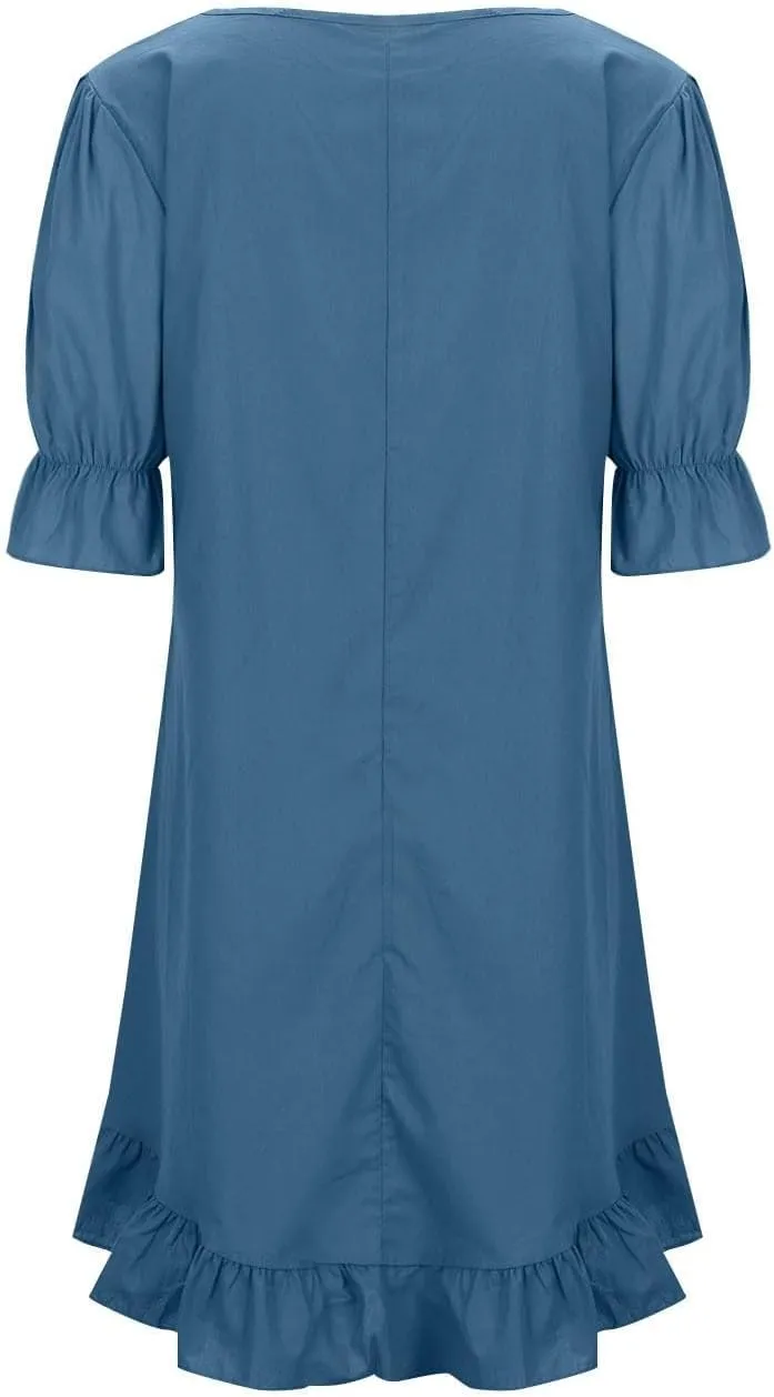 Women's Cotton and Linen Loose Big Swing Dress Casual Maxi Dresses Vacation Beach Ruffle Short Sleeve Hem Dress