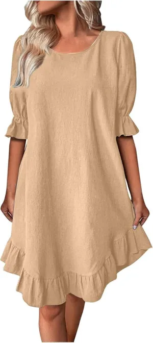 Women's Cotton and Linen Loose Big Swing Dress Casual Maxi Dresses Vacation Beach Ruffle Short Sleeve Hem Dress