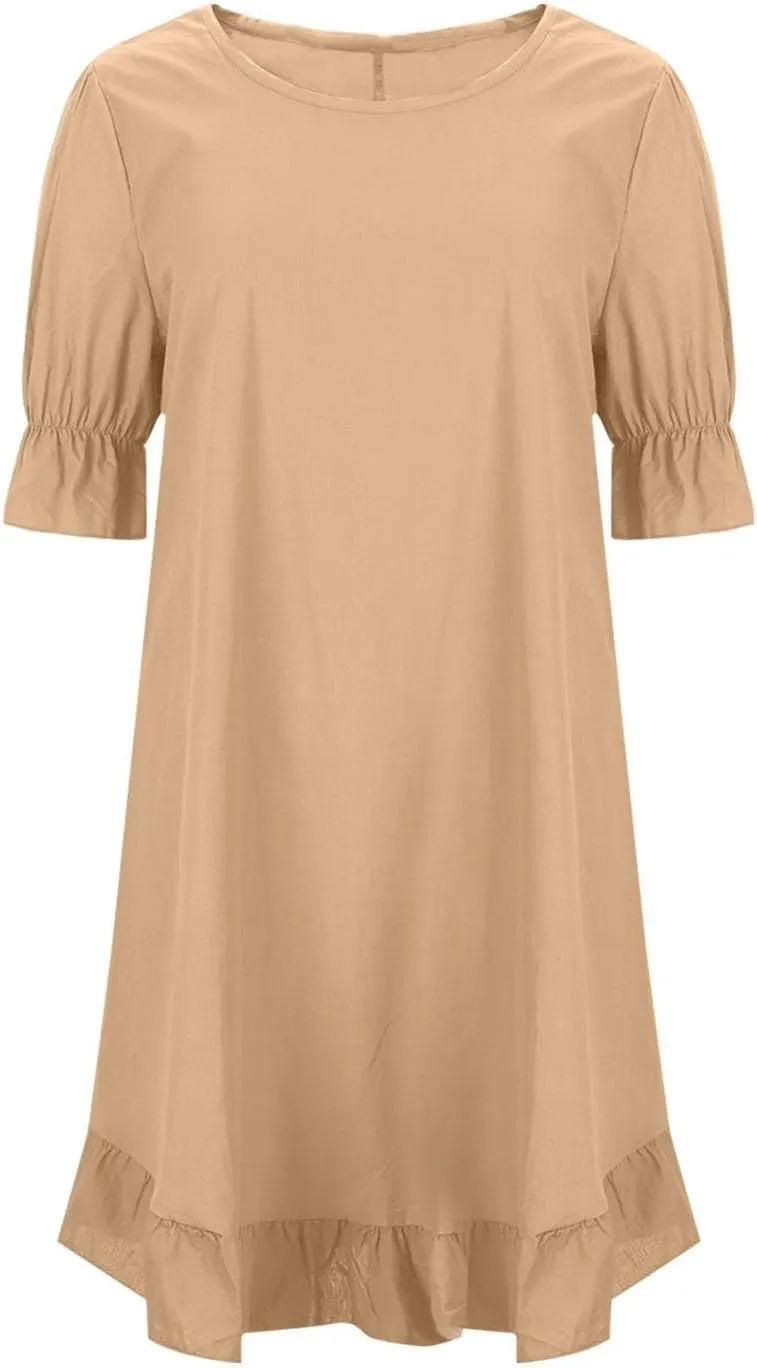 Women's Cotton and Linen Loose Big Swing Dress Casual Maxi Dresses Vacation Beach Ruffle Short Sleeve Hem Dress