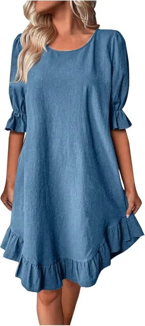Women's Cotton and Linen Loose Big Swing Dress Casual Maxi Dresses Vacation Beach Ruffle Short Sleeve Hem Dress