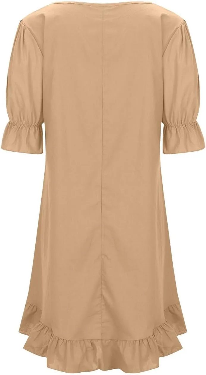 Women's Cotton and Linen Loose Big Swing Dress Casual Maxi Dresses Vacation Beach Ruffle Short Sleeve Hem Dress