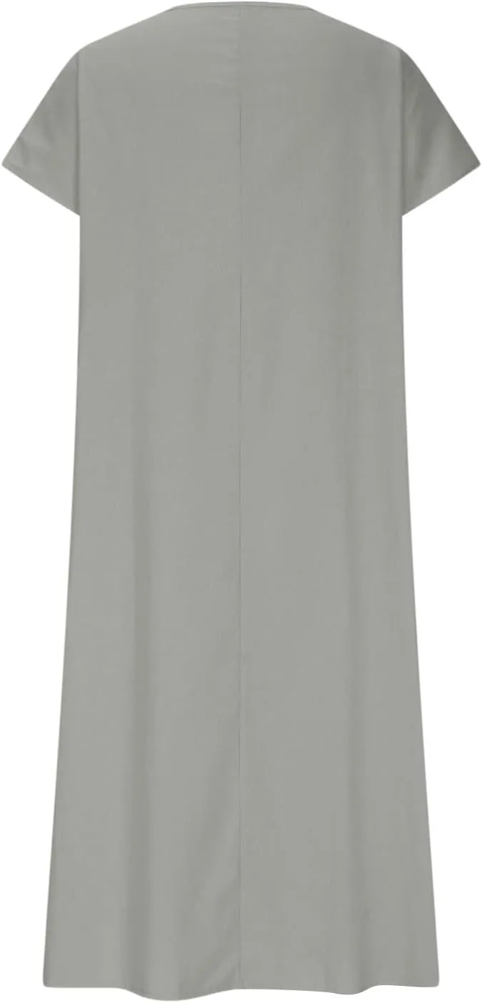 Women's Cotton and Linen V-Neck Short Sleeve Dress Beach Vacation Maxi Dresses Lightweight Comfort Flowy Dress