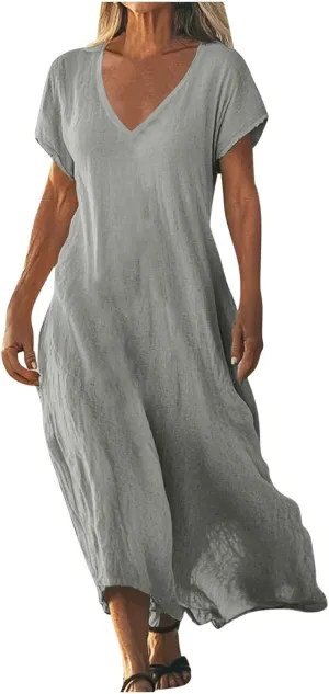 Women's Cotton and Linen V-Neck Short Sleeve Dress Beach Vacation Maxi Dresses Lightweight Comfort Flowy Dress