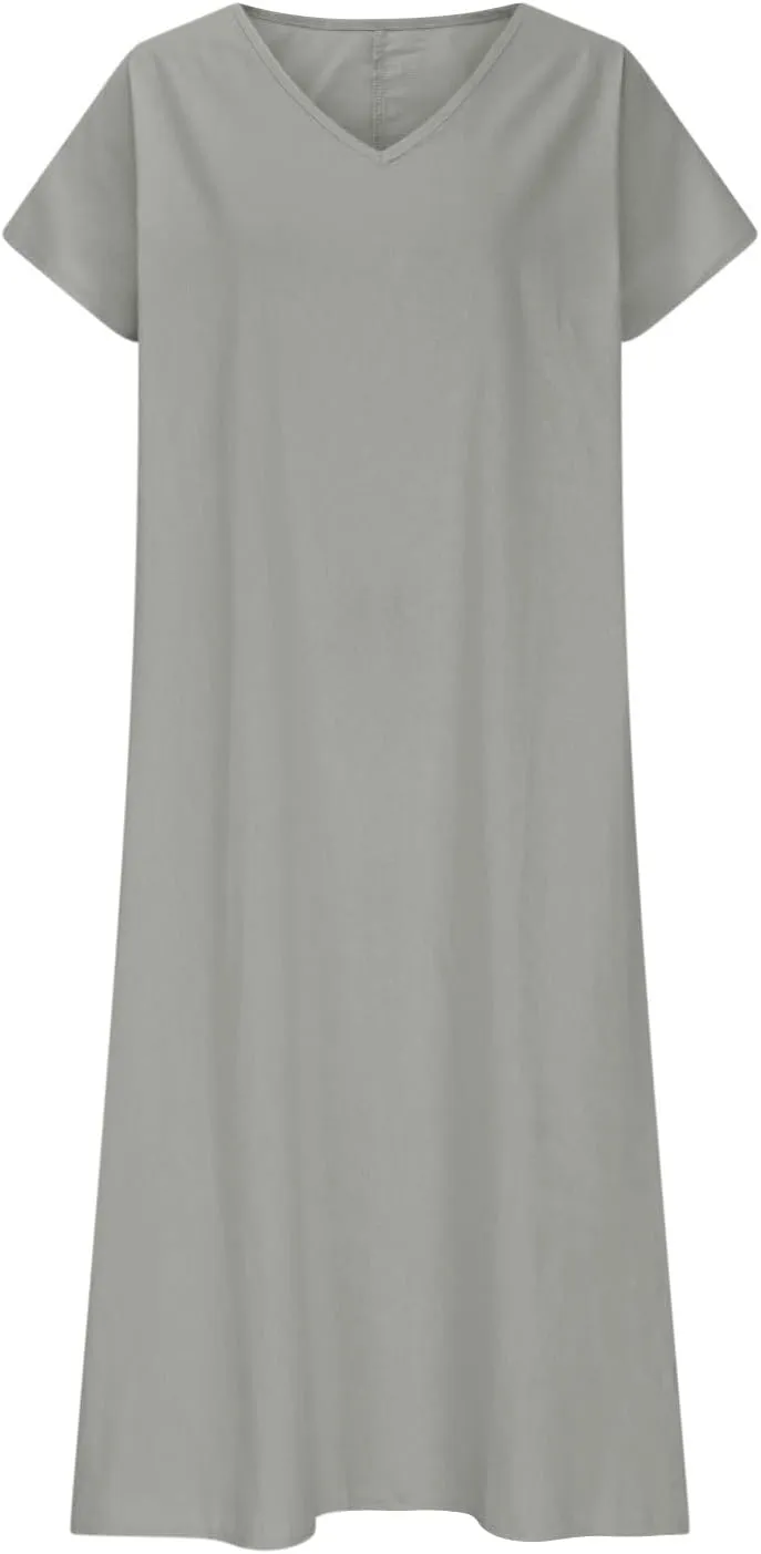 Women's Cotton and Linen V-Neck Short Sleeve Dress Beach Vacation Maxi Dresses Lightweight Comfort Flowy Dress