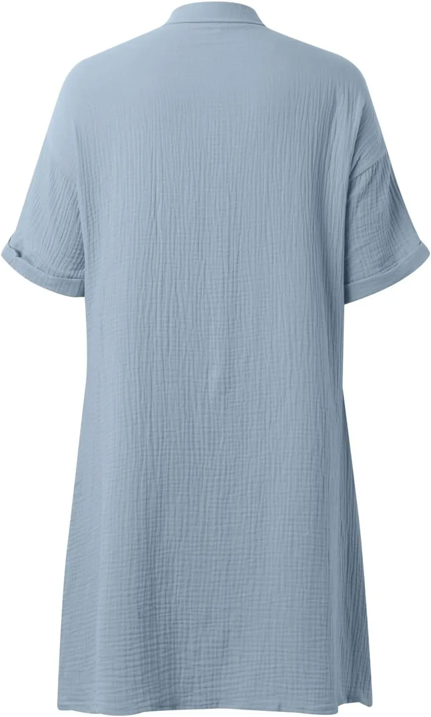 Womens Cotton Linen Dresses Short Sleeve Button Down Shirt Dress Casual Beach Cover up Dress Summer Loose Tunic Midi Dresses