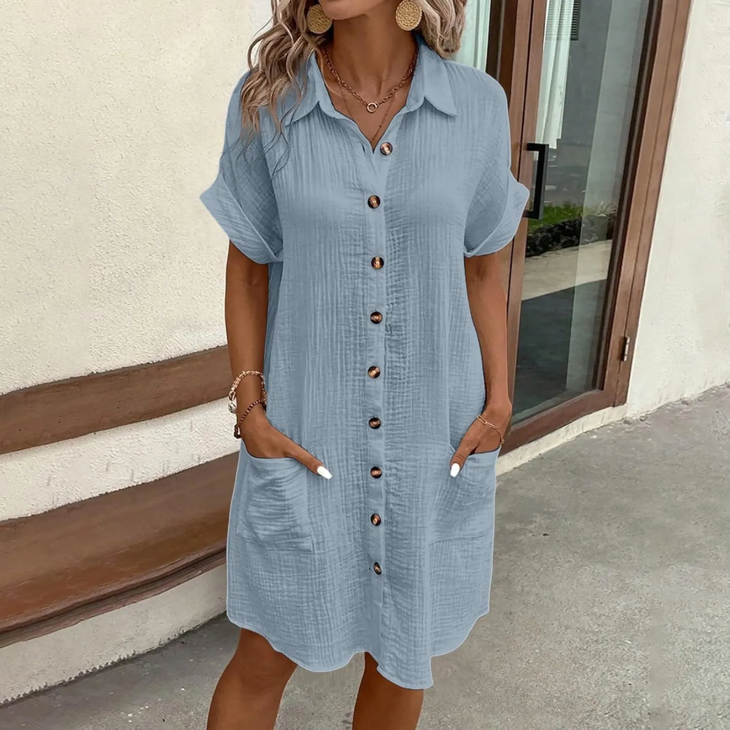 Womens Cotton Linen Dresses Short Sleeve Button Down Shirt Dress Casual Beach Cover up Dress Summer Loose Tunic Midi Dresses