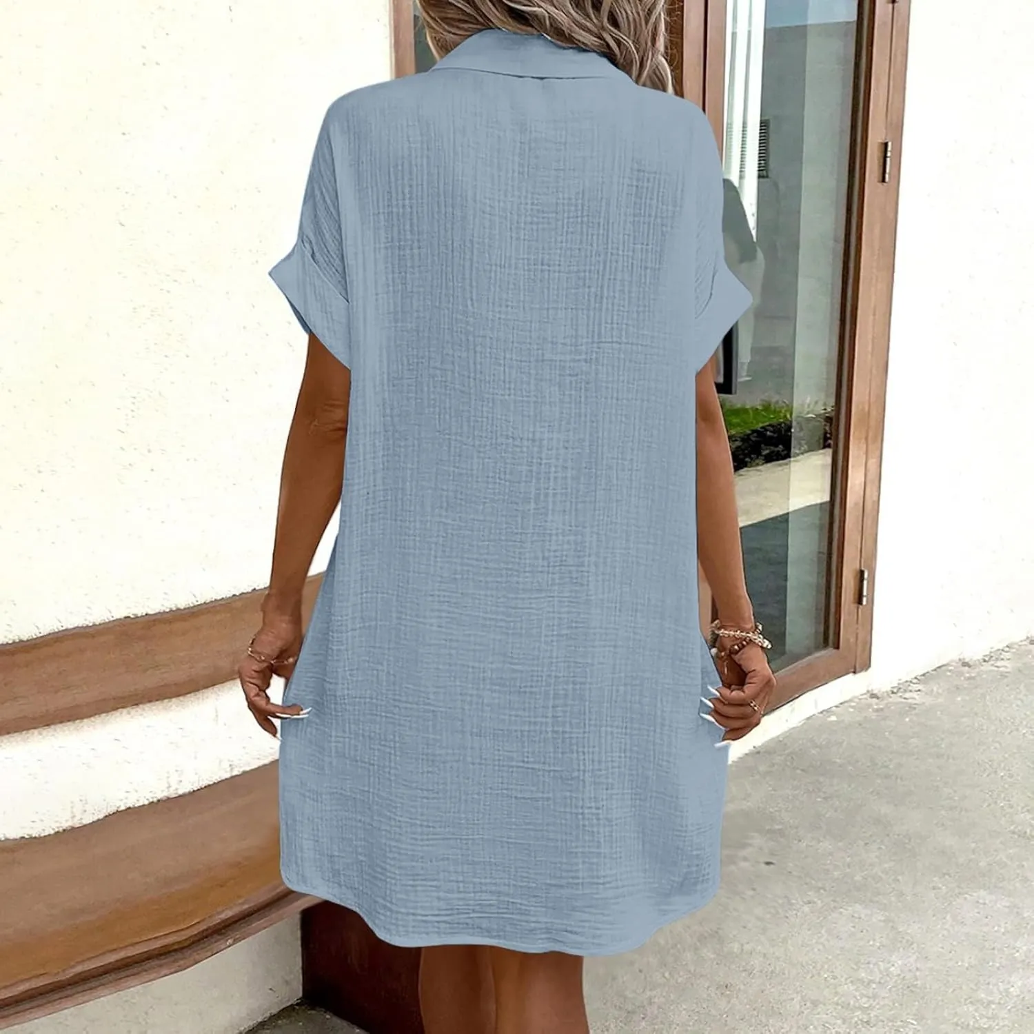 Womens Cotton Linen Dresses Short Sleeve Button Down Shirt Dress Casual Beach Cover up Dress Summer Loose Tunic Midi Dresses