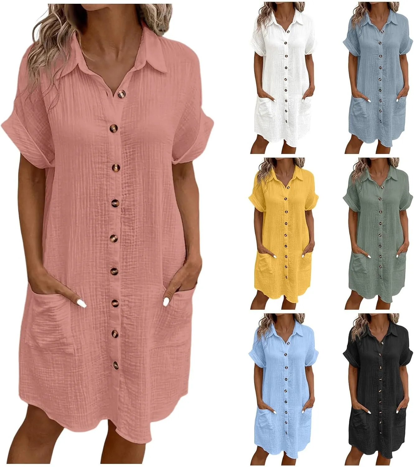 Womens Cotton Linen Dresses Short Sleeve Button Down Shirt Dress Casual Beach Cover up Dress Summer Loose Tunic Midi Dresses