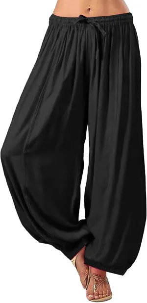 Women's Cotton Linen Harem Pant Plus Size Hippie Boho Yoga Pants Baggy Summer Wide Leg Lounge Bottoms