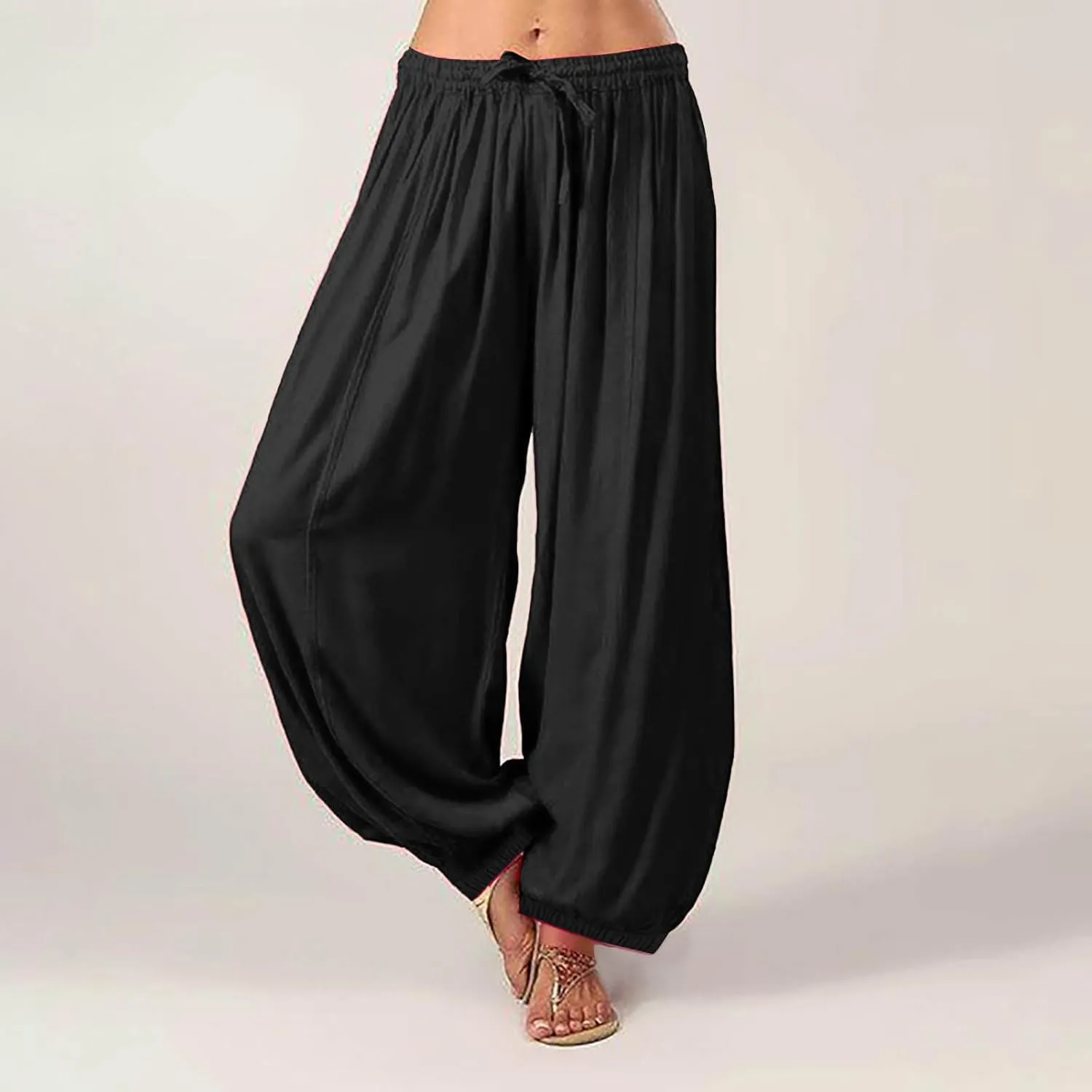 Women's Cotton Linen Harem Pant Plus Size Hippie Boho Yoga Pants Baggy Summer Wide Leg Lounge Bottoms