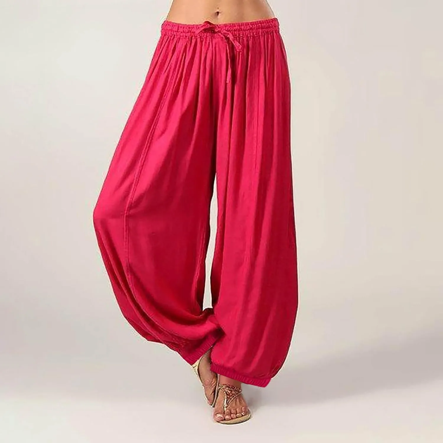 Women's Cotton Linen Harem Pant Plus Size Hippie Boho Yoga Pants Baggy Summer Wide Leg Lounge Bottoms