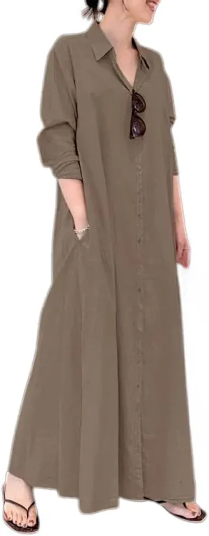 Women's Cotton Linen Long Sleeve Shirt Dresses Casual Loose Maxi Dress Button Down Blouse Dresses with Pockets