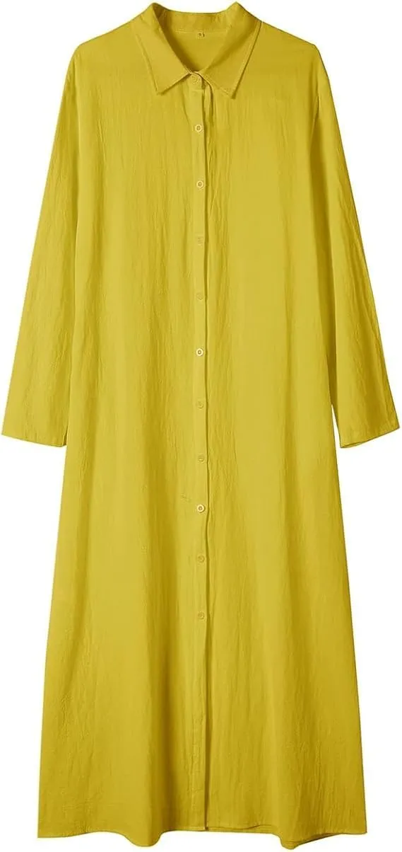 Women's Cotton Linen Long Sleeve Shirt Dresses Casual Loose Maxi Dress Button Down Blouse Dresses with Pockets