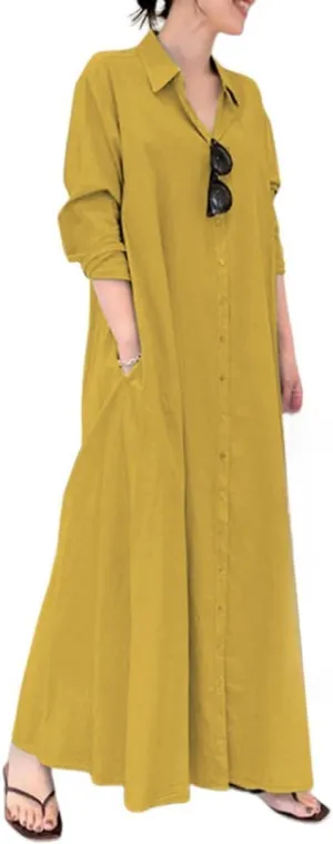 Women's Cotton Linen Long Sleeve Shirt Dresses Casual Loose Maxi Dress Button Down Blouse Dresses with Pockets
