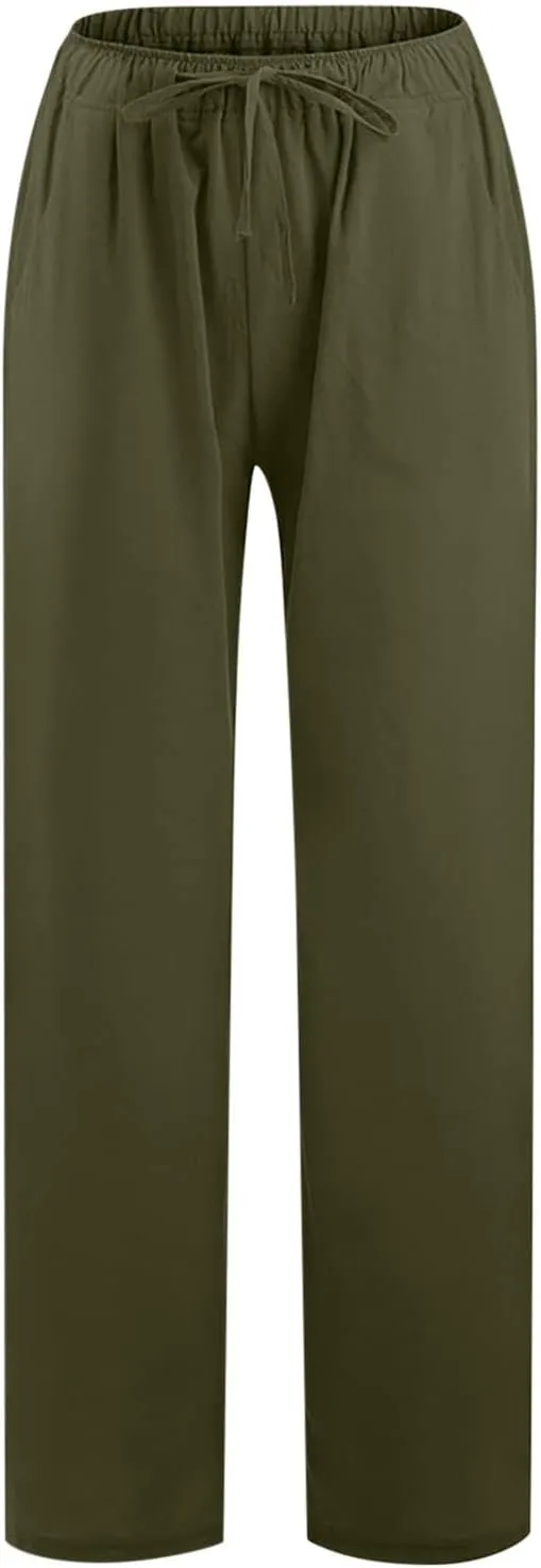 Women's Cotton Linen Palazzo Pants Wide Leg Beach Pants Summer Lightweight Pants Plus Size Lounge Pants with Pockets