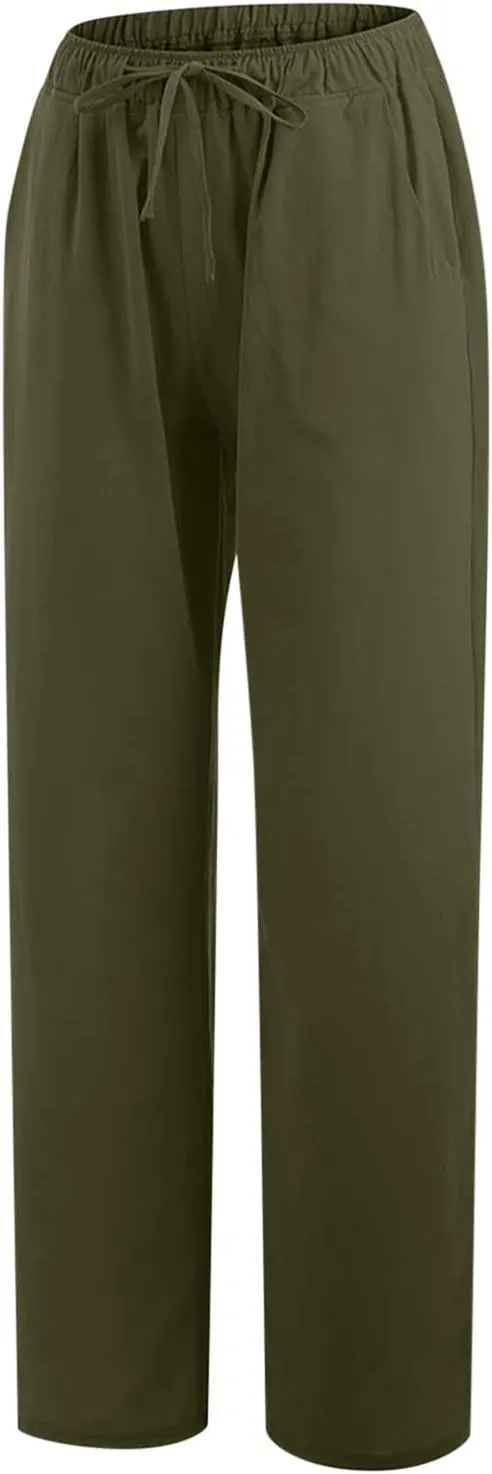 Women's Cotton Linen Palazzo Pants Wide Leg Beach Pants Summer Lightweight Pants Plus Size Lounge Pants with Pockets
