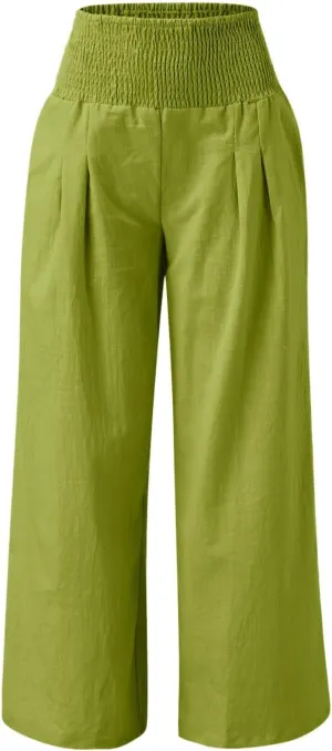 Women's Cotton Linen Pants High Elastic Waisted Wide Leg Pants Summer Casual Comfy Trousers Palazzo Lounge Pants Beach Pants