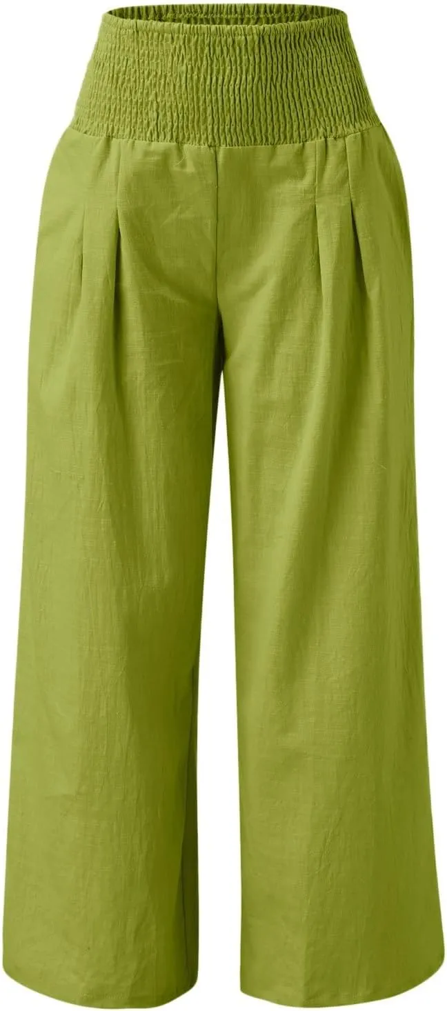 Women's Cotton Linen Pants High Elastic Waisted Wide Leg Pants Summer Casual Comfy Trousers Palazzo Lounge Pants Beach Pants