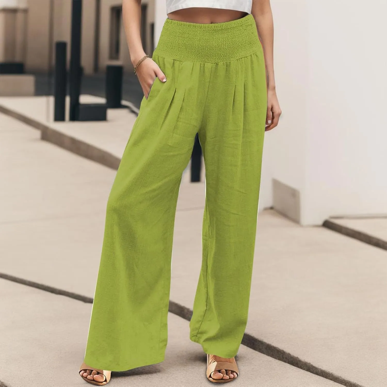 Women's Cotton Linen Pants High Elastic Waisted Wide Leg Pants Summer Casual Comfy Trousers Palazzo Lounge Pants Beach Pants