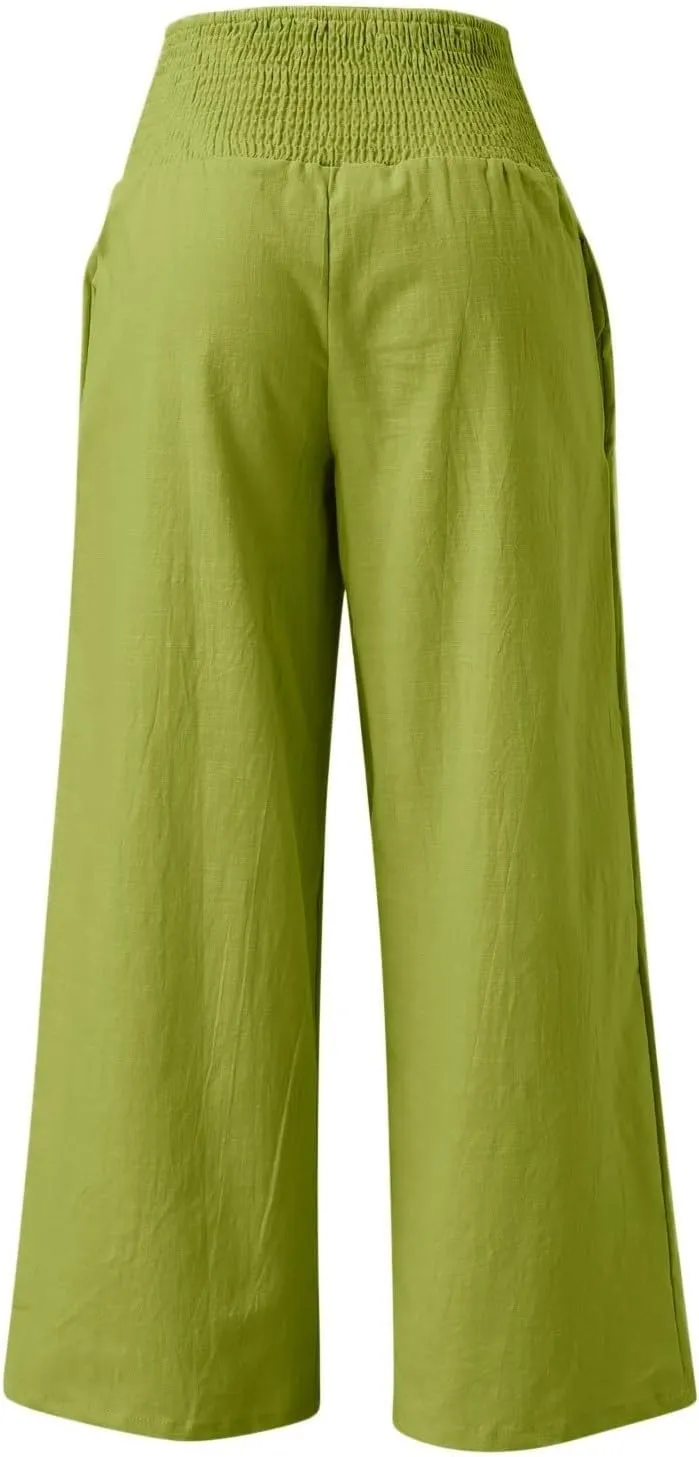 Women's Cotton Linen Pants High Elastic Waisted Wide Leg Pants Summer Casual Comfy Trousers Palazzo Lounge Pants Beach Pants