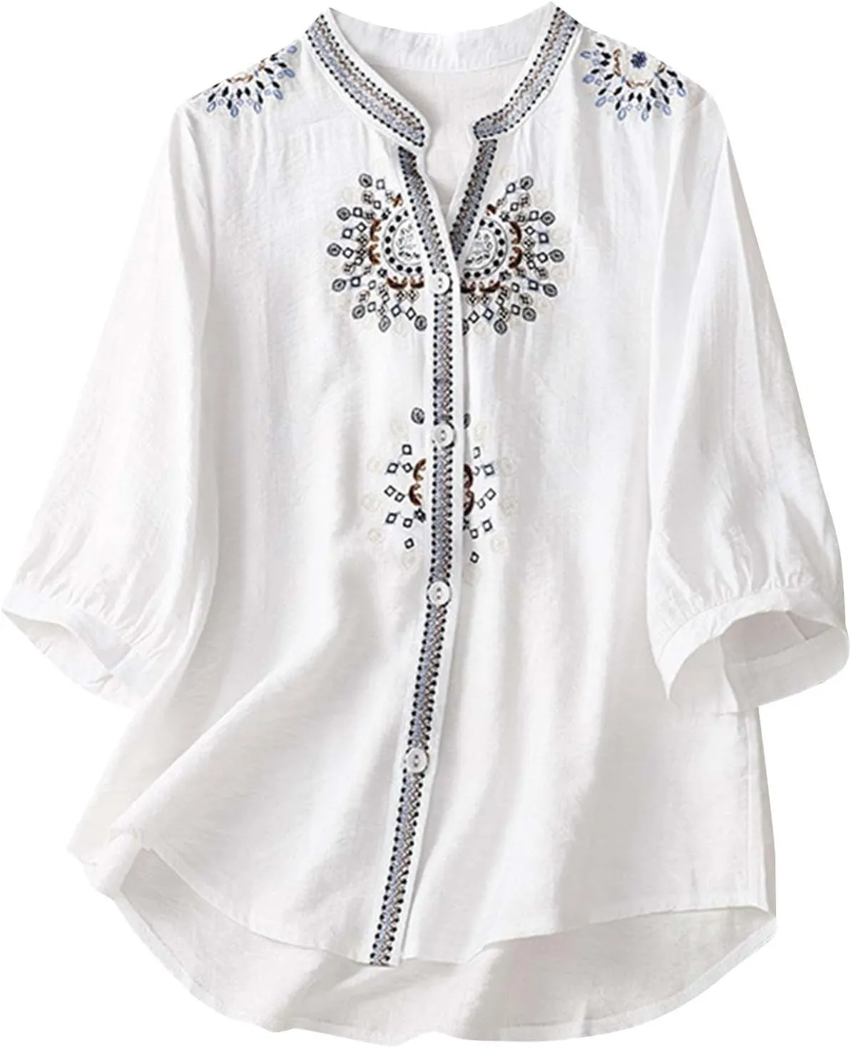 Women's Cotton Linen Shirts Short Sleeve V-Neck Embroidered Blouses Button Down Tops Summer Loose Casual Boho T Shirt